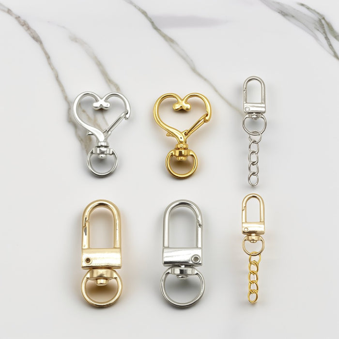 Metal Swivel Clasps in Gold and Silver, Six Chain and Heart Styles