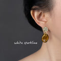 Gold Tone Amber Resin Drop Earrings Hammered Disc Posts view 2