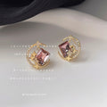 Gold-Tone Crescent Moon Star Pink Crystal Stud Earrings view 2