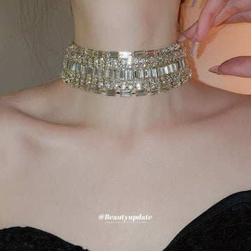 Gold Tone Wide Rectangular Crystal Statement Necklace