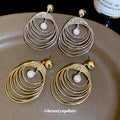 Concentric Circle and Pearl Drop Stud Earrings in Two Tones view 2