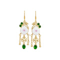 Gold Tone White Floral Green Bead Tassel Hook Earrings view 5