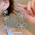 Silver and Burgundy Open Flower Long Stud Earrings view 4