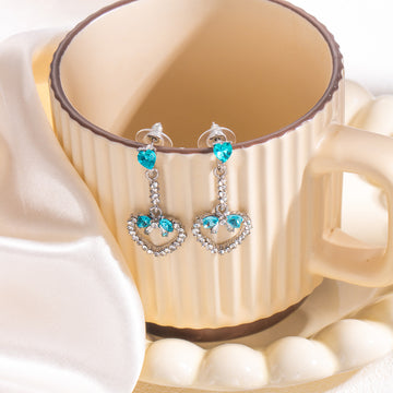 Blue Heart Clear Look Open Heart Long Stud Earrings