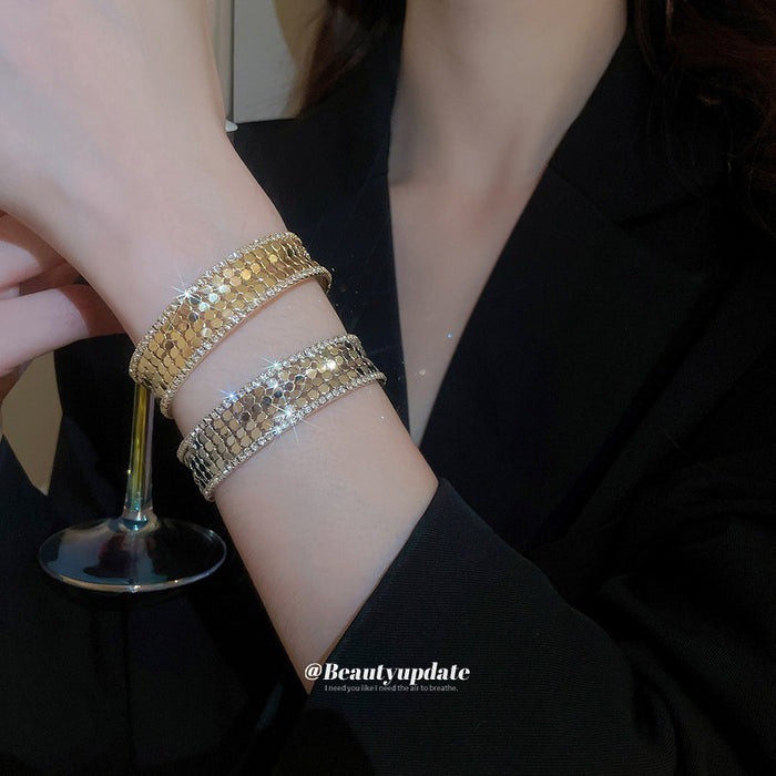 Gold Silver Mesh Scale Open Cuff Bracelets Crystal Edges