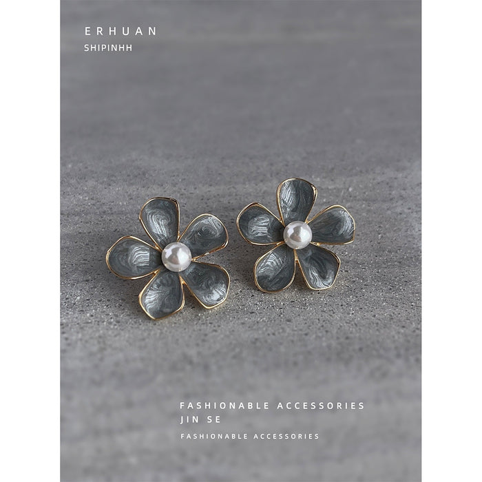 Dusty Blue Enamel Flower Pearl Center Stud Earrings