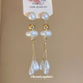 Gold Pearl Drop Earrings With Three White Teardrop Tassels view 3