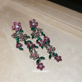 Multicolor Crystal Flower Vine Drop Earrings With Leaf Details view 4
