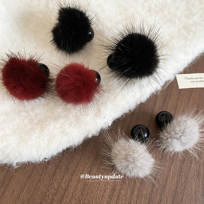 Faux Fur Double Ball Stud Earrings in Black Gray and Red