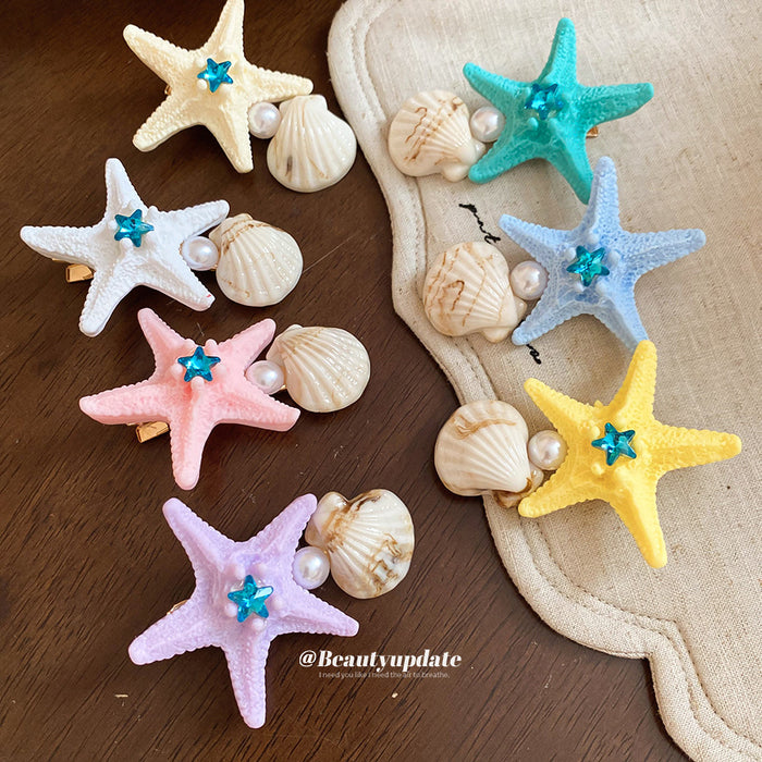 Starfish Shell Pearl Duckbill Hair Clips Teal Blue Purple
