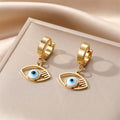 Gold Tone Hamsa Star and Lash Evil Eye Huggie Drop Earrings view 12