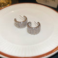 Wide Silver Tone Crystal C Hoop Stud Earrings with Stone Rows view 6