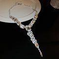 Silver Tone Clear Rectangle Y Necklace With Long Crystal Drop view 6