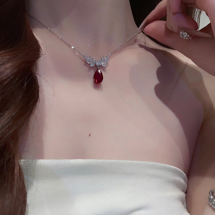 Silver Leaf Wing Red Teardrop Pendant Chain Necklace