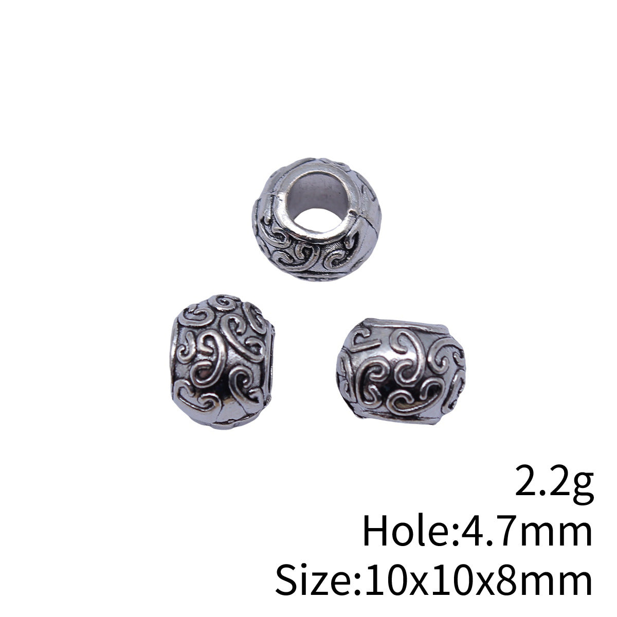 10x10x8mm 2.2g Antique Silver Zinc Alloy Carved Round Spacer Beads Large Hole for DIY Bracelet Making
