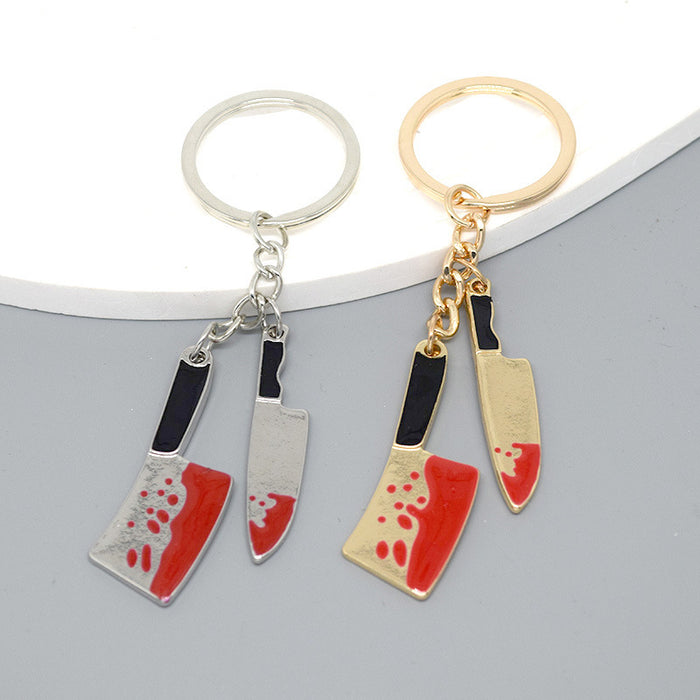 Gold and Silver Tone Blood Splatter Knife Split Ring Keychains