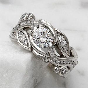 Solitaire Ring with Openwork Vine Band, Cubic Zirconia, Silver-Tone Brass