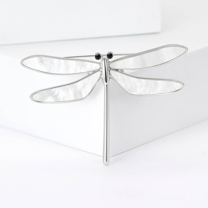Minimal Silver Tone Dragonfly Brooch with Black Eye Details