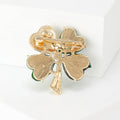 Green Four Leaf Clover Brooch Rhinestone Gold Tone Pin view 3