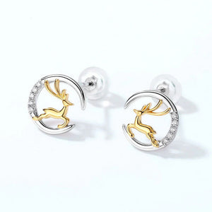 Two Tone Reindeer and Crystal Crescent Moon Stud Earrings