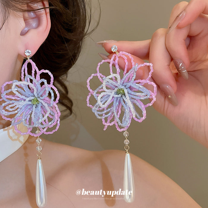 Pastel Thread Flower White Teardrop Earrings Fashion Jewelry