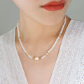 White Glass Bead Freshwater Pearl Center Necklace Gold view 6