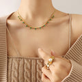 Herringbone Chain Baguette Zircon Drop Necklace Gold Steel view 1