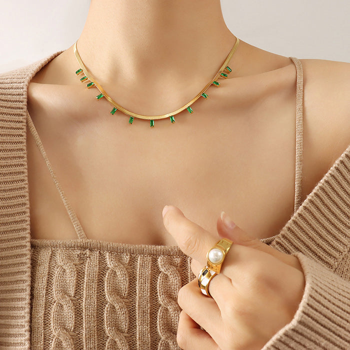 Herringbone Chain Baguette Zircon Drop Necklace Gold Steel