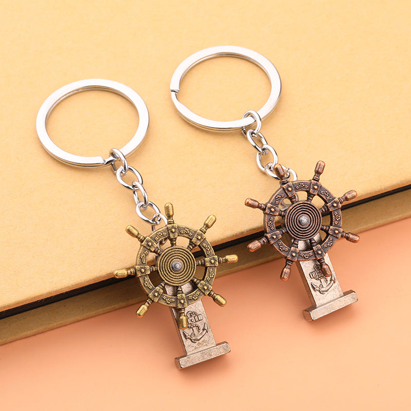 Vintage Ship Wheel Alloy Keychain Gift with Spinning Helm