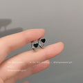 Silver Mini Black Enamel Heart Huggie Hoop Earrings view 1