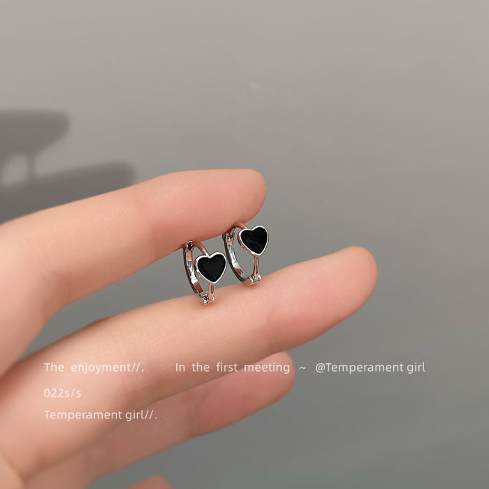 Silver Mini Black Enamel Heart Huggie Hoop Earrings