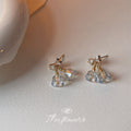 Gold CZ Bow Pale Blue Glass Bell Drop Stud Earrings view 4