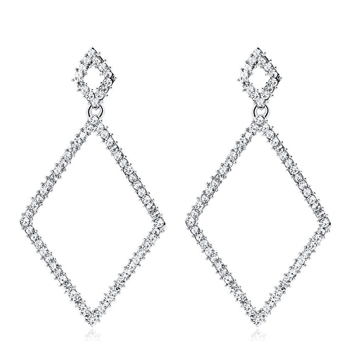 Silver Tone Open Diamond Crystal Geometric Crystal Metal Dangle Earrings