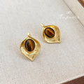Hammered Leaf Stud Earrings Gold Tone with Tiger Eye view 4