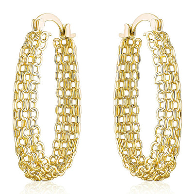Gold Tone Multi Chain Oval Hoop Earrings Polished Statement Fashion Jewelry displayed from another angle