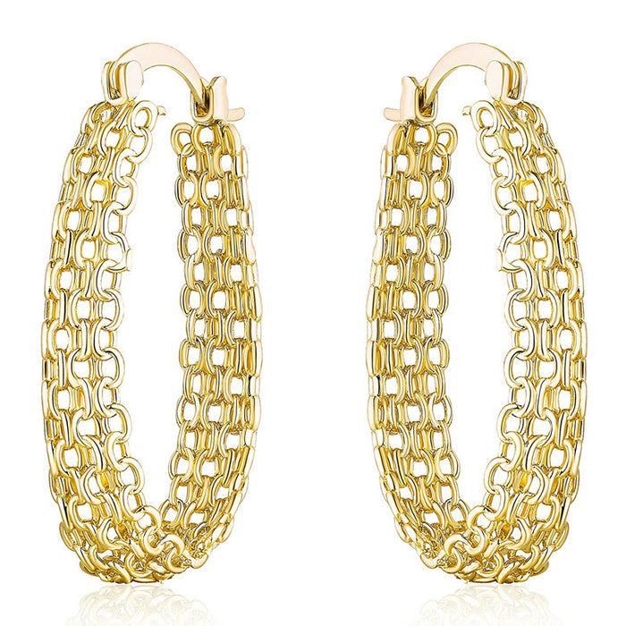 Gold Tone Multi Chain Oval Hoop Earrings Polished Statement Fashion Jewelry