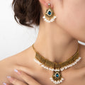 Blue Teardrop Choker Necklace and Fringe Earring Jewelry Set view 1
