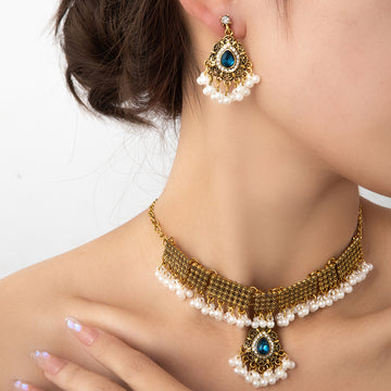 Blue Teardrop Choker Necklace and Fringe Earring Jewelry Set