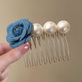 Pearl Flower Multi Tooth Hair Comb Blue Denim White view 4