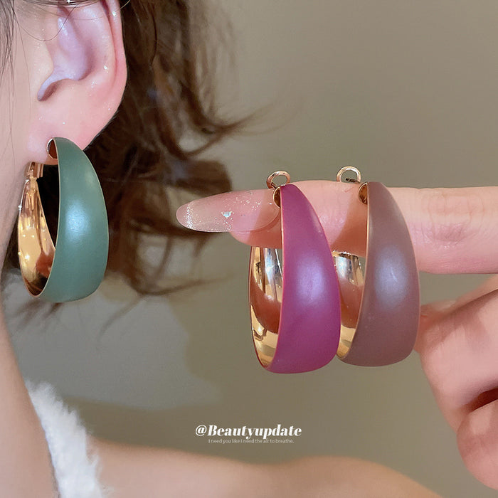 Green Enamel Wide Hoop Earrings With Gold Tone Interior