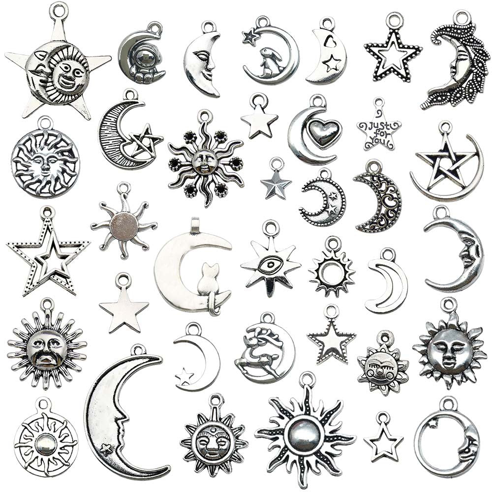 Antique Silver Zinc Alloy Sun Star Moon Charm Pendant for Bracelet Necklace DIY