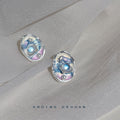 Silver Tone Blue Pink Galaxy Pattern And Pearl Stud Earrings view 1