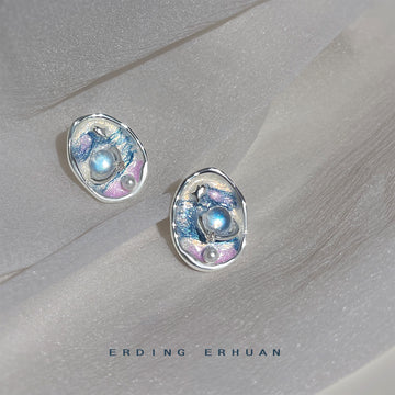 Silver Tone Blue Pink Galaxy Pattern And Pearl Stud Earrings