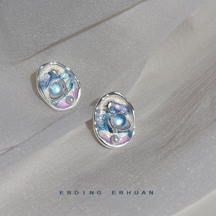 Silver Tone Blue Pink Galaxy Pattern And Pearl Stud Earrings