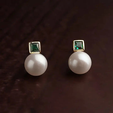 Gold Tone Square Green Stone Pearl Stud Earrings Pair