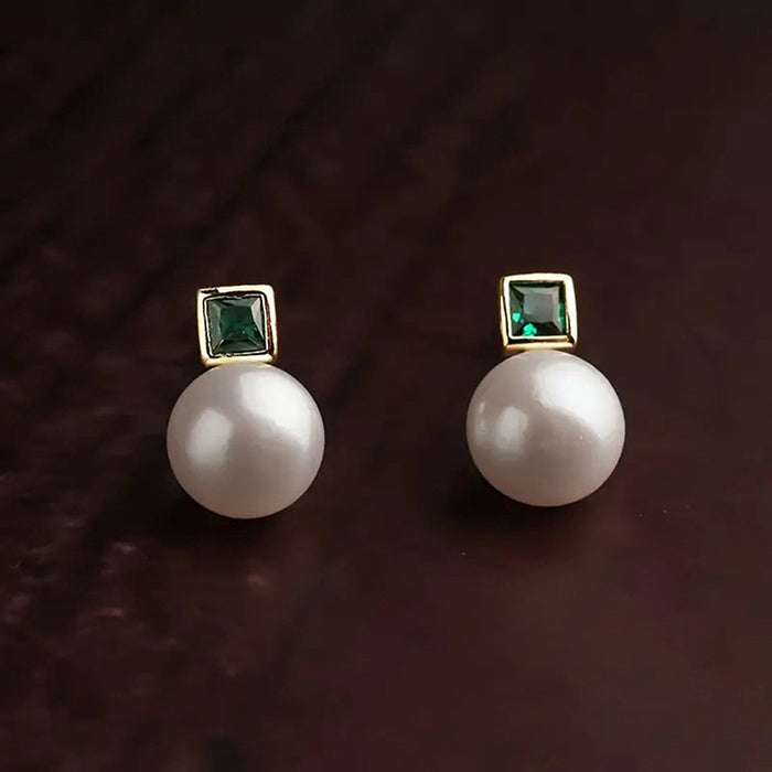 Gold Tone Square Green Stone Pearl Stud Earrings Pair
