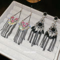 Crystal Flower and Black Fringe Drop Earrings Decorative Jewelry Pair view 2