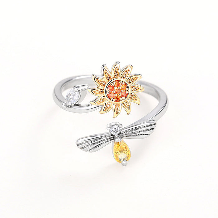Two-Tone Bee and Sunflower Adjustable Open Ring CZ