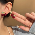 Burgundy Double Cherry Green Leaf Small Stud Earrings view 6