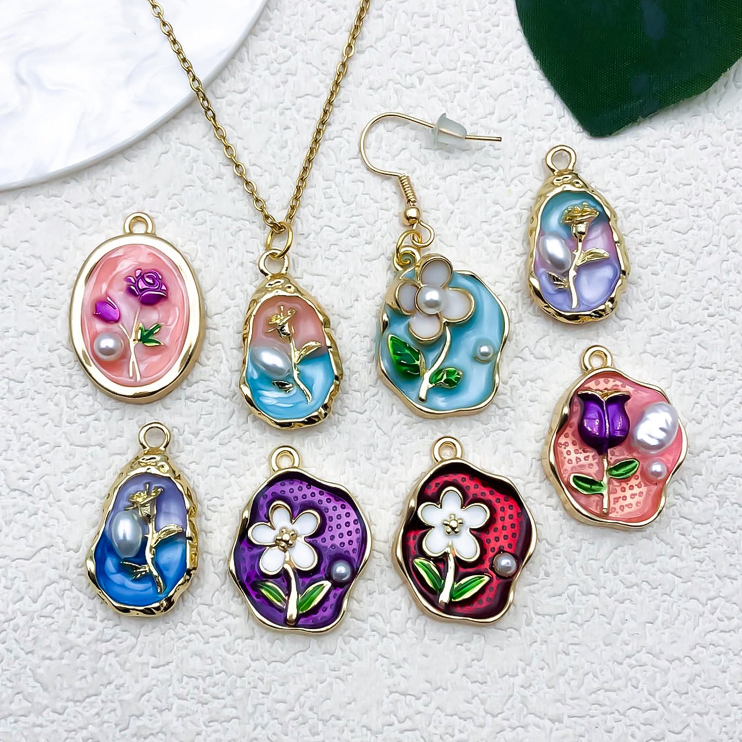 Zinc Alloy Monet Garden Oil Painting Pearl Charm Pendant for DIY Keychain Earrings Necklace